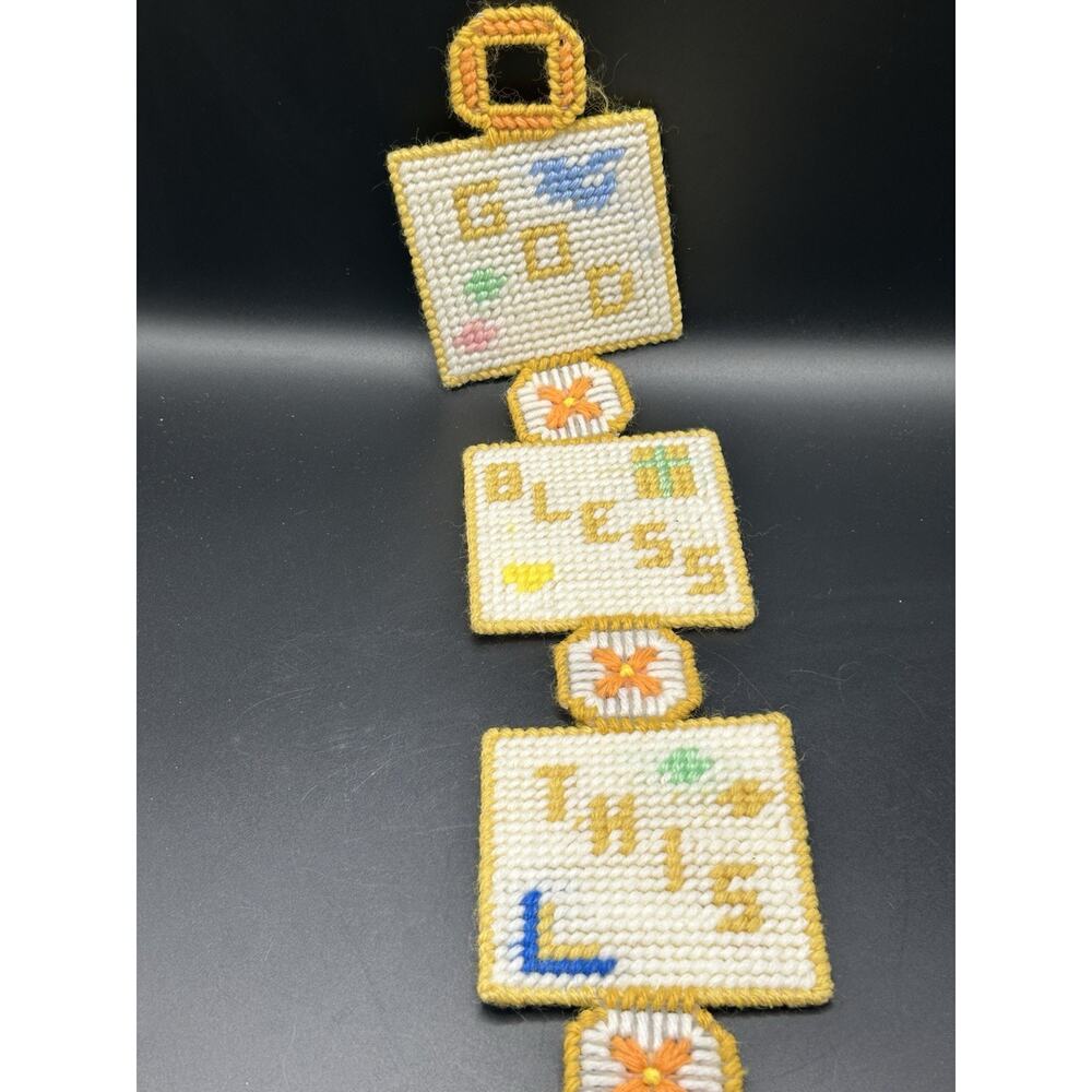 God Bless This Home Yellow Plastic Canvas Wall Hanging Needlepoint Vintage 2’
